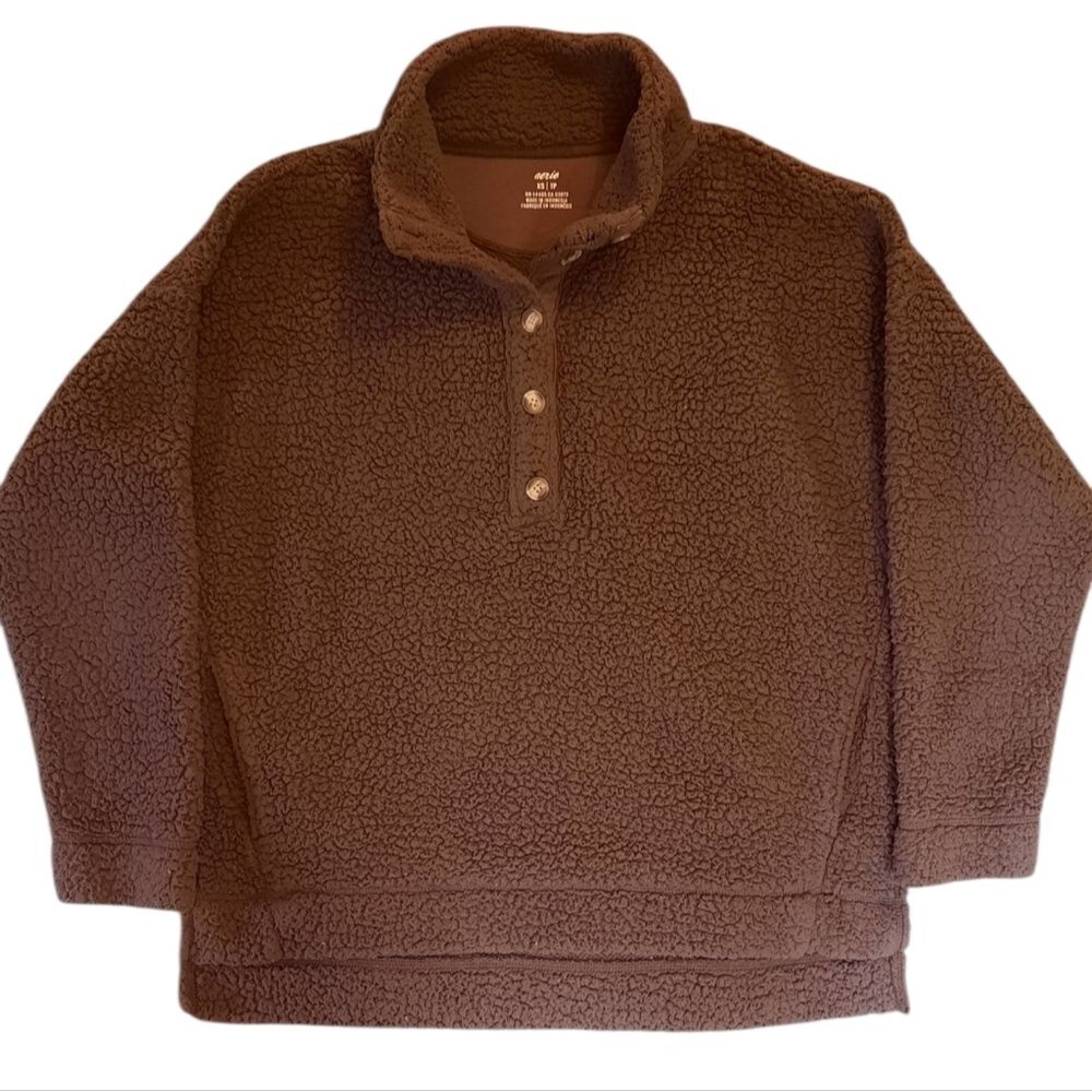Aerie Sweater Womans XS Brown Sherpa Pullover Casual Loungewear Comfort